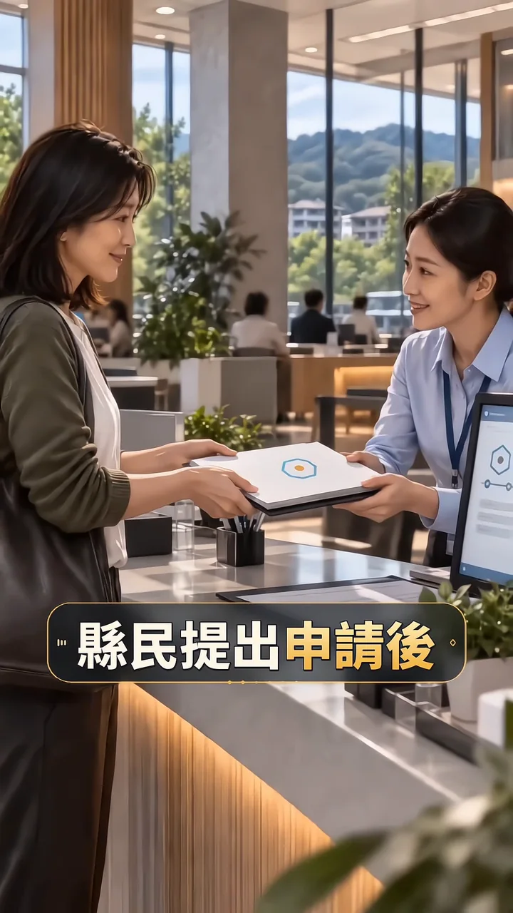民眾在服務櫃檯遞交申請資料，工作人員接待並協助辦理